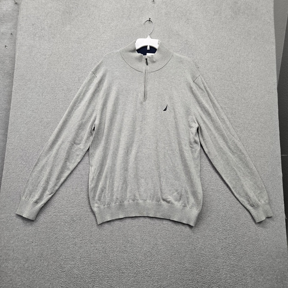 Nautica Men Sweater XL Gray Logo Embroidered 1/4 Zip Ribbed Hem Mock Neck NWT